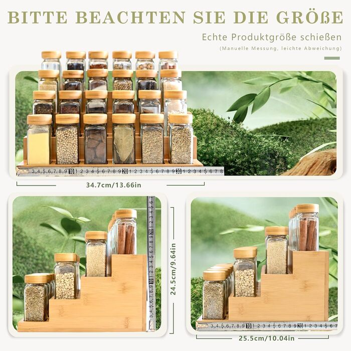 Квадратні банки для спецій з бамбуковою підставкою для спецій 2-в-1 (FCM) 24 банки для спецій по 120 мл, набір підставок та банок для спецій, 120 етикеток, компактний кухонний органайзер SAEIV-Bois massif bambou-24X120ml