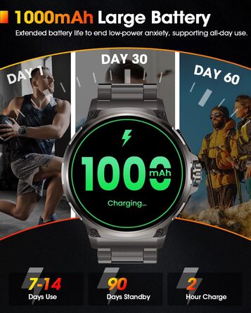 Чоловічий військовий смарт-годинник з великим HD-дисплеєм 1,92 дюйма, акумулятором 1000 мАг, фітнес-годинник з понад 120 спортивними режимами, водонепроникністю 5 атм, функцією телефону, пульсометром, монітором сну, спортивним годинником для iOS та Androi