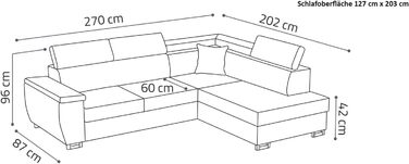 Кутовий диван з функцією сну та відділенням для зберігання речей Nicole 270x202x96 см (ШxГxВ) L-подібний диван з регульованими підголівниками Кутовий диван з функцією сну Пружинна основа Диван сірий лівий, шезлонг лівий сірий