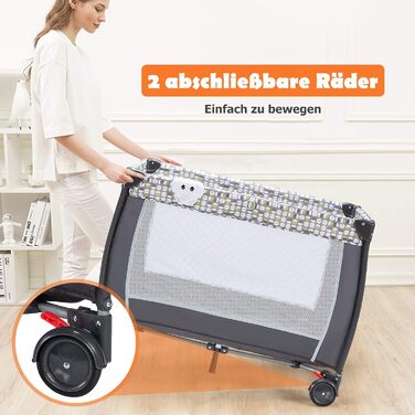 Складане дорожнє ліжечко COSTWAY 3 в 1, пеленальний столик та манеж зі знімною та регульованою москітною сіткою, включаючи музичний мобіль, ігрову арку, пеленальний килимок, матрац, органайзер для підгузків та сумку для перенесення