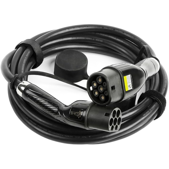 Зарядний кабель DA Hi EV тип 2 для електромобіля та PHEV 22KW 5m 32A 3-фазний, біло-блакитний, стійкий до вітру, дощу та пилу IP54