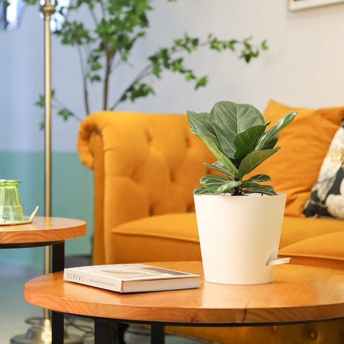 Пластиковий квітковий горщик T4U з системою поливу, набір із 6 самополивних кашпо з блюдцями, круглі кашпо для кімнатних та балконних садових рослин, сукулентів, кактусів (20 см, білий) 20 см білий