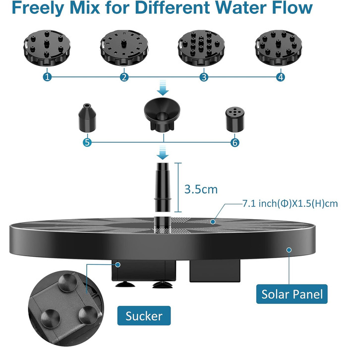 Відкритий сонячний фонтан AISITIN 3,5 Вт (180 мм) Відкритий сонячний фонтан з 4 опорними планками Сонячний насос для ставка з 6 форсунками Сонячний плаваючий фонтанний насос для саду/ставка/ванни для птахів/води