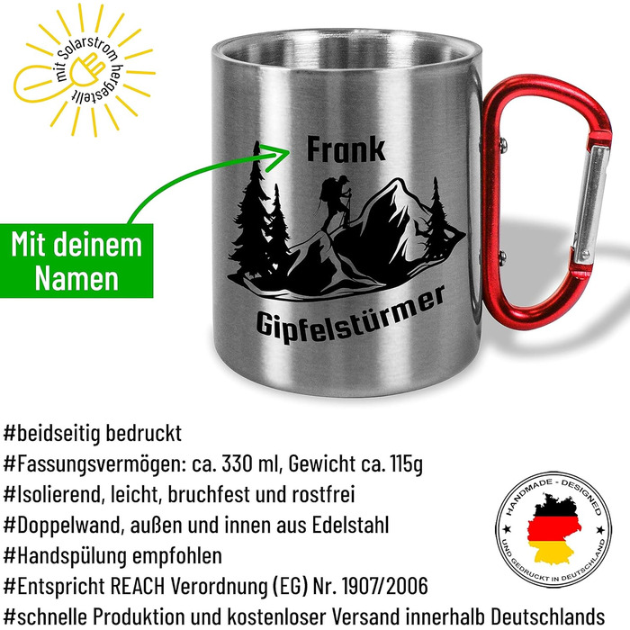 Кружка з нержавіючої сталі з карабіном, приблизно 330 мл, персоналізований подарунок &quotАльпініст на вершину&quot для альпіністів, любителів гір, чоловіків та жінок - металева кружка з назвою - для кемпінгу на природі - червона ручка, без кришки
