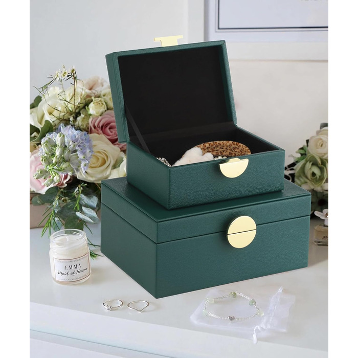 Шкатулки для ювелірних виробів HofferRuffer зі штучної шкіри, декоративні шкатулки, шкатулки для зберігання, органайзери для аксесуарів із золотистою фурнітурою, класична веганська шкіра, набір з 2 шт. (зелений)