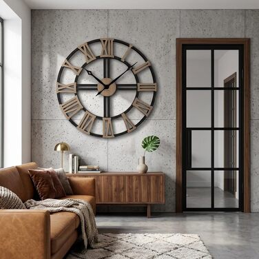 Великий настінний годинник FLEXISTYLE EKO LOFT Grande (80 см, товщина 19 мм) безтихий механізм, колір чорний (антрацит) та дуб, виробництво ЄС