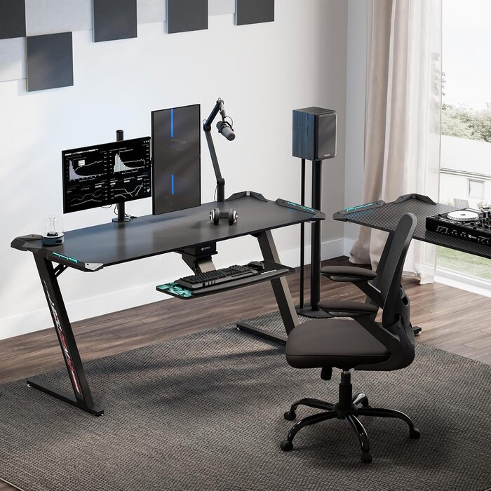 Ергономічний ігровий стіл Eureka 153 60 см, великий ігровий письмовий стіл зі світлодіодним підсвічуванням, ігровий ПК-стіл на карбоновому волокні