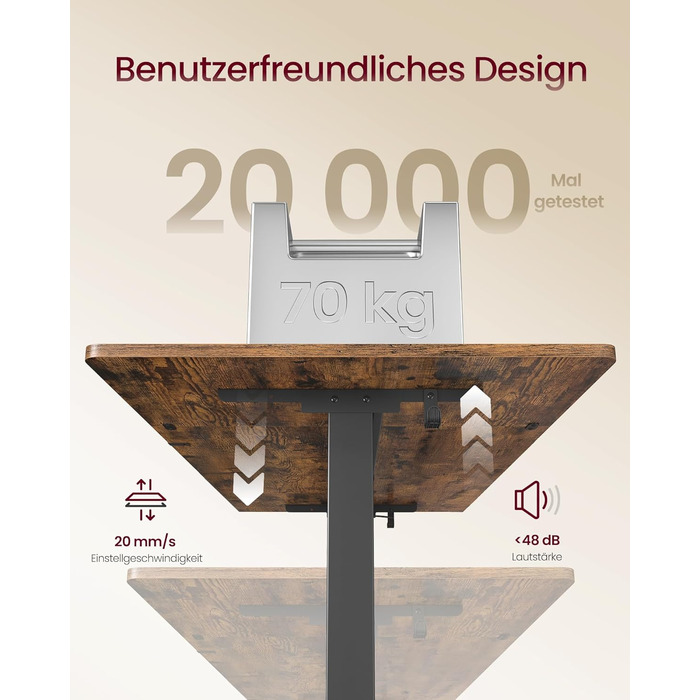 Письмовий стіл з регульованою висотою, 140 x 70 см, гнучка підставка для монітора, шухляда, порт USB-C, нагадування про тривале сидіння, для офісу, вінтажний коричневий LSD154KD01 140 x 70 см вінтажний коричневий