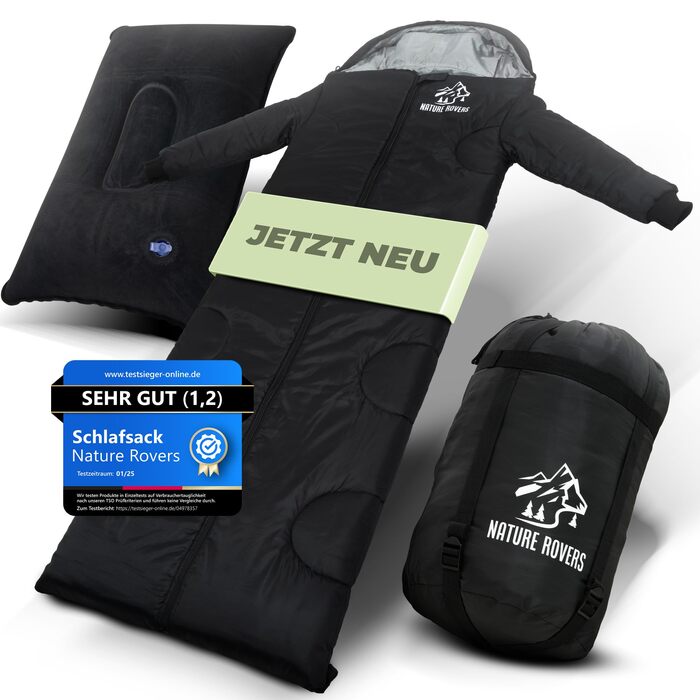 Спальник з рукавами Спальники для дорослих, для активного відпочинку та кемпінгу 3 сезони Спальник-ковдра з отворами біля ніг 220x80 см, водовідштовхувальний В комплекті подушка Nature Rovers Black