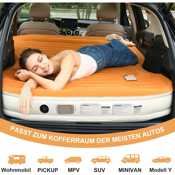 Надувний матрац KMZ SUV з вбудованим насосом та 2 подушками, товстий флокований ПВХ, швидке надування за 90 секунд, портативний та міцний автомобільний надувний матрац для кемпінгу, подорожей, вантажівок