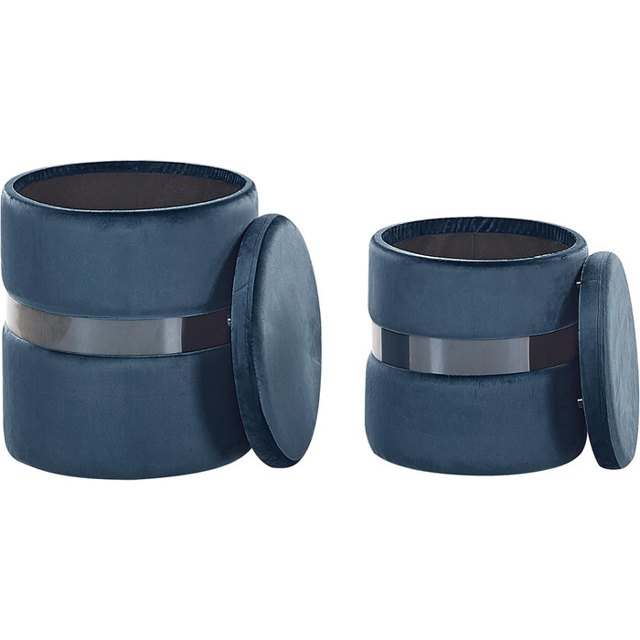 Пуф Beliani з місцем для зберігання, круглий, оксамитовий, синій, металевий, комплект з 2 шт., гламурний вигляд, табурети Doris