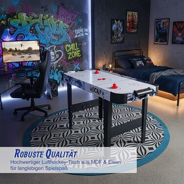 Аерохокейний стіл Relaxdays, дитячий, HBT 73x120x61 см, вкл. 2 шайби та 2 шт. овхачі, хокейний стіл з повітродувкою, чорний/білий