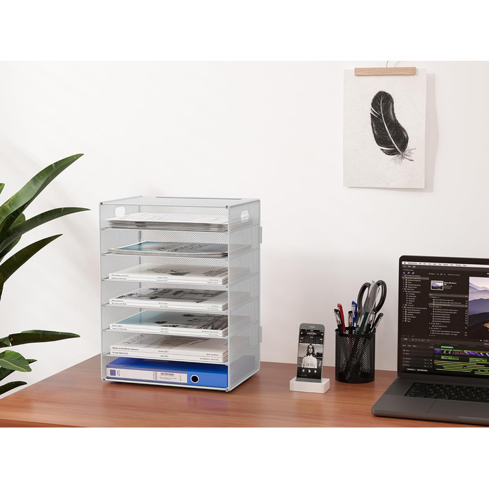 Металевий офісний органайзер EasyPAG A4 з 7 відділеннями, тримач для документів, лоток для файлів, тримач для журналів, лоток для листів, органайзер для паперових журналів, білий, 33,5 x 24 x 43,5 см