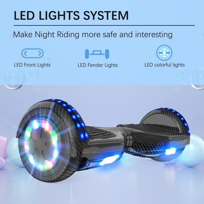 Ховерборди 6,5-дюймові для дітей та підлітків з Bluetooth - світлодіодний з потужним двигуном, подарунок для дітей, чорний колір