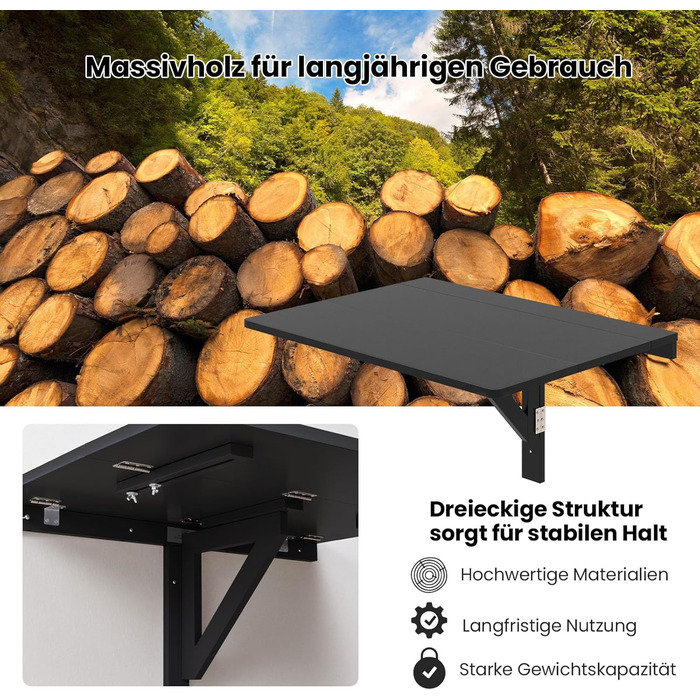 Настінний розкладний стіл GYMAX 80 x 60 см, розкладний кухонний стіл, компактний дерев&39яний обідній стіл, настінний стіл, розкладний стіл, настінний стіл для їдальні та кабінету (чорний)