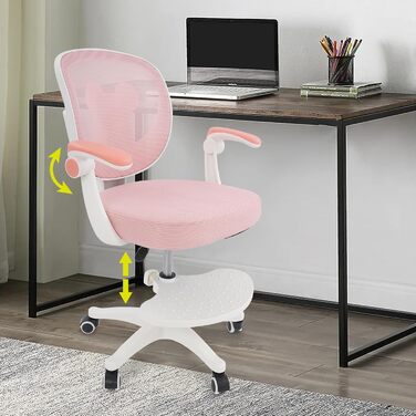 Дитячий офісний стілець для дітей віком від 6 років, регульований по висоті обертовий стілець, ергономічний офісний стілець з підлокітниками, спинкою та колесами, стілець для хлопчиків та дівчаток (рожевий)