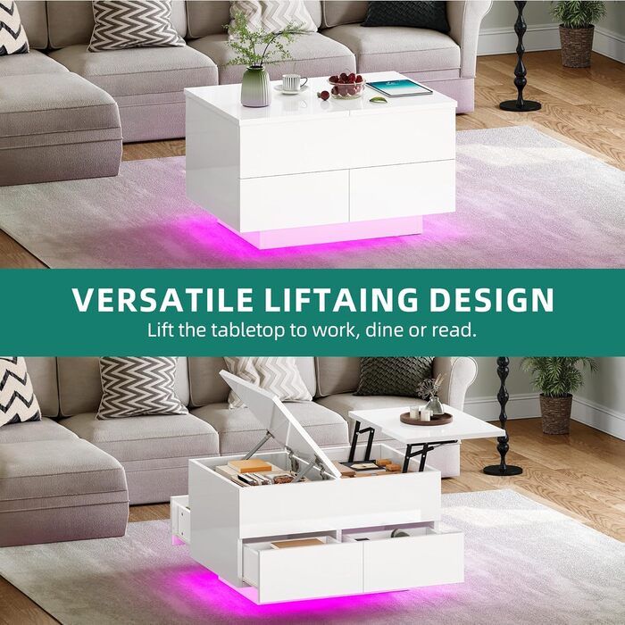 Журнальний столик з регульованою висотою та 4 шухлядами, глянцевий стіл для вітальні зі світлодіодним підсвічуванням, журнальний столик з місцем для зберігання, білий, 80x55x46 см