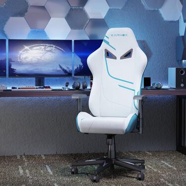 Ергономічне ігрове крісло з тканинним чохлом та 4D підлокітниками регулювання висоти, підтримка голови та попереку, функція нахилу 90-155, біло-синій колір. Розміри 132 см x 54,5 см x 50 см