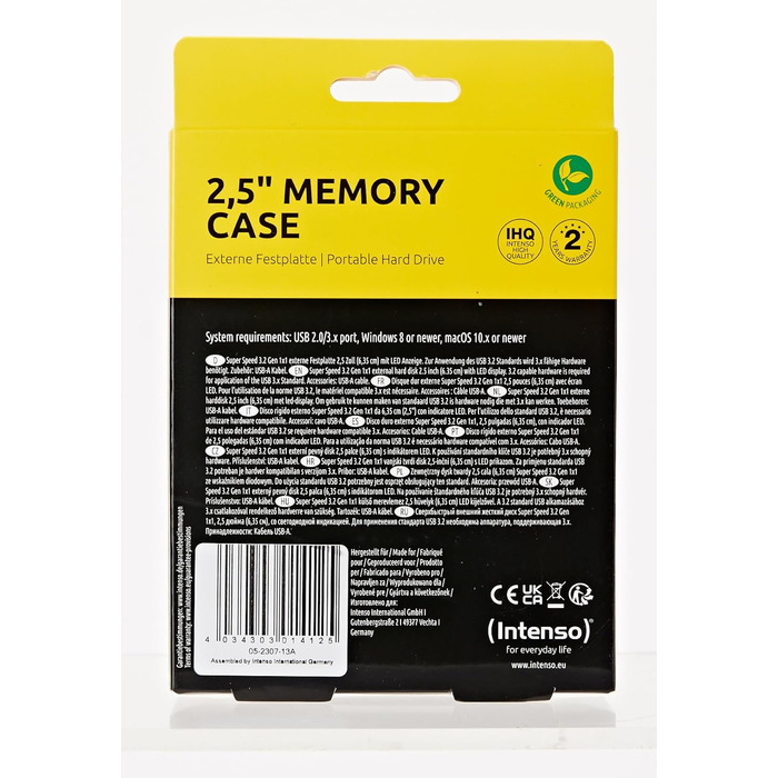 Зовнішній жорсткий диск Intenso Memory Case 500 GB (6,35 см (2,5 дюйма) 5400 об/хв, 8 МБ кеш-пам'яті, USB 3.2) чорний 500 ГБ (USB 3.2)