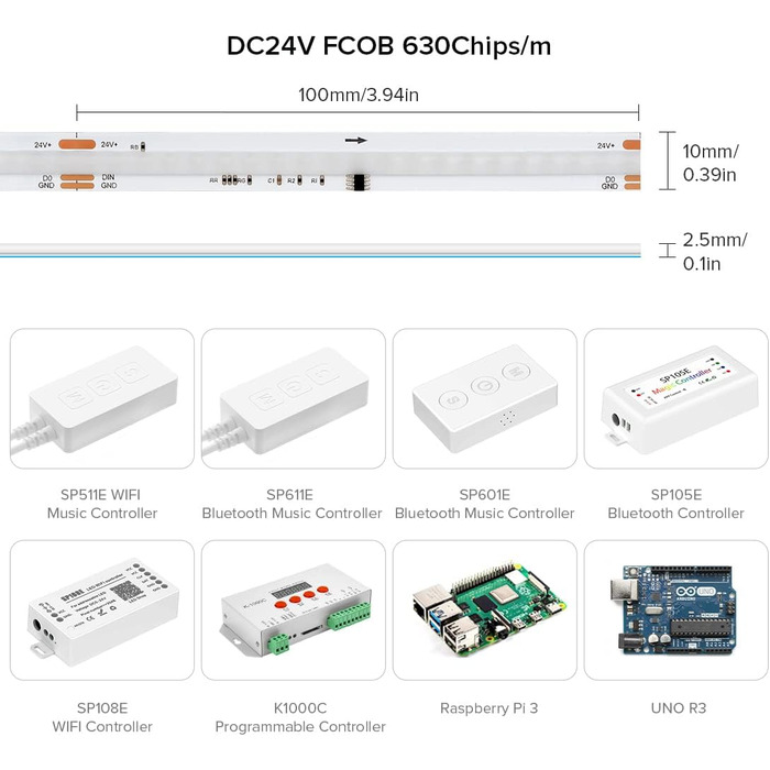 Гнучка світлодіодна стрічка високої щільності COB WS2811 IC світлодіодна стрічка 5M 630 світлодіодів / м 14 Вт / м DC24V IP30 Карбування кольору Прикраса своїми руками (не контролер вмісту та блок живлення) (Біла друкована плата, DC24V 5M 630 світлодіодів