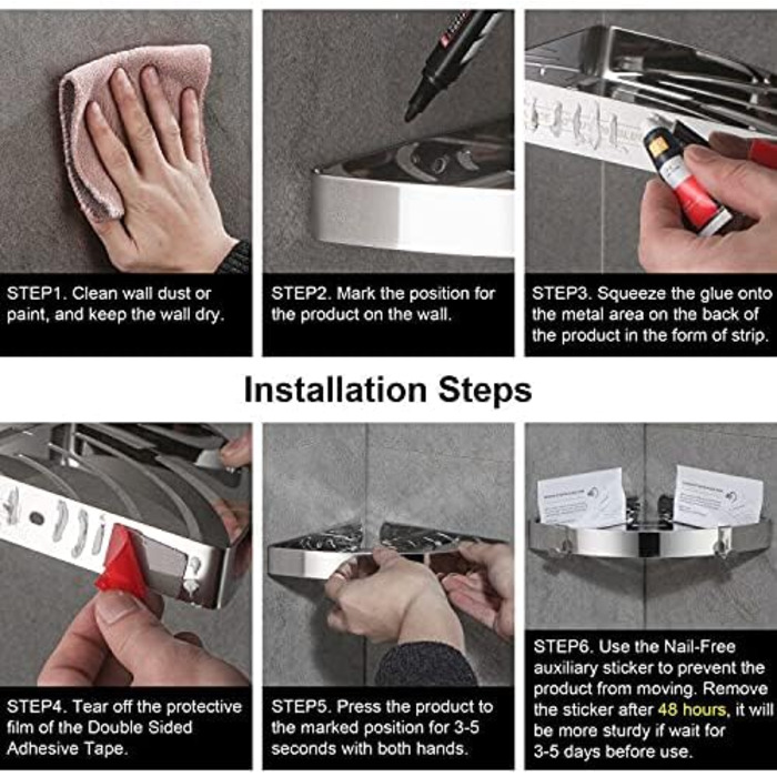 Полиця для душу DUFU Кутова полиця, полиця для душу без свердління Полиця для ванної кімнати з нержавіючої сталі SUS304, самоклеючий кошик для душу, кутовий органайзер для ванної кімнати, тримач для шампуню з 4 гачками для душу (срібло-2 шт.)