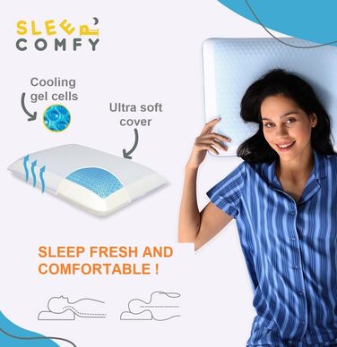 Подушка SLEEP COMFY преміум-класу з гелевої піни з ефектом пам&39яті ортопедична підтримка шиї, сертифікована Oeko-Tex, технологія охолоджувального гелю для всіх положень сну (комфорт влітку та взимку) з ефектом пам&39яті 60x40x13
