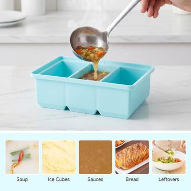 Контейнери для заморожування супів, 2 шт., силіконові кубики для супу з кришками, морозильна камера без бісфенолу А, лоток для кубиків льоду в морозильній камері для бульйону, соусу та льоду (синійзелений, 220 мл)