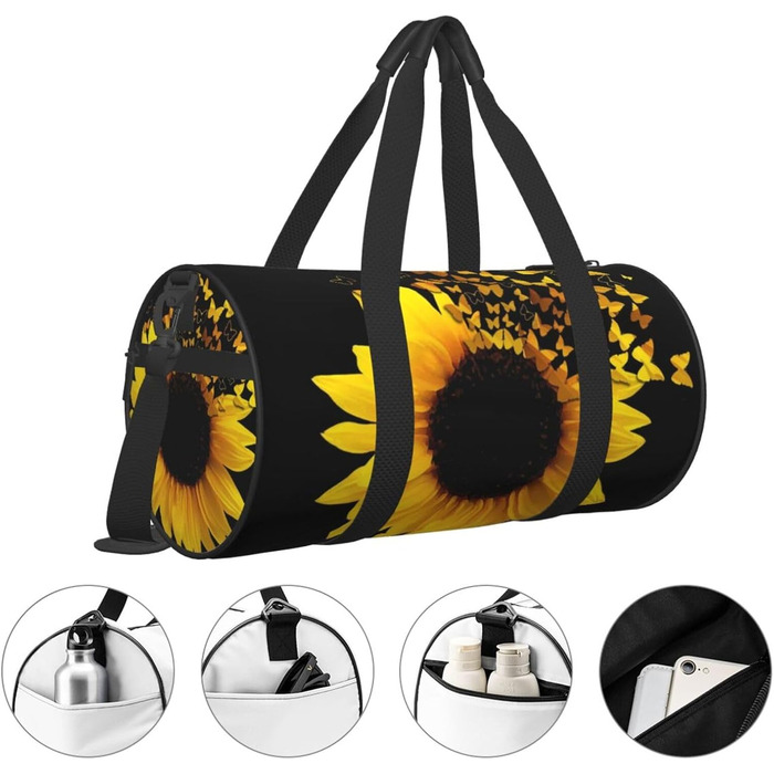 Дорожня сумка з малюнком стрекози, кругла, великої місткості, легка та міцна, ідеальний подарунок для піших прогулянок, відпустки, ділових поїздок та іншого, з квітковим та метеликовим дизайном (соняшники, квіти, метелики).