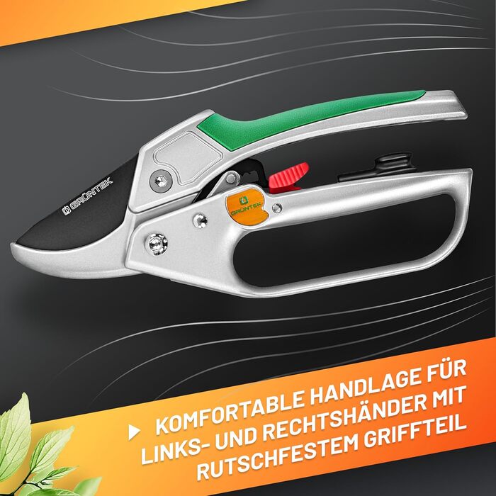 Садові ножиці GRNTEK KONDOR з храповим механізмом 200 мм - лезо SK5, автоматичний храповий механізм, алюмінієві ручки, прецизійне заточування для легкого обрізання гілок. Сучасні садові ножиці з храповим механізмом.