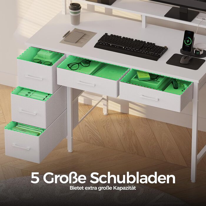 Комп&39ютерний стіл Seventable з розетками та світлодіодним освітленням, ігровий стіл 100 см з 5 шухлядами, ігровий стіл з підставкою для монітора, для офісу, кабінету, спальні, вітальні, білий 100 см