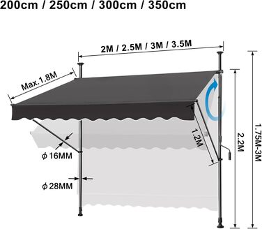 Тент із затискачем та ручним кріпленням, ширина 200 см, регульований балконний тент без свердління, сонцезахист, стійкий до ультрафіолету, водовідштовхувальний, тент для патіо або балкону, антрацит 200x120 см