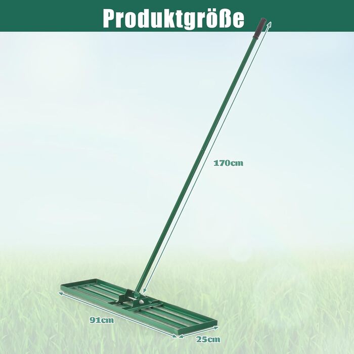Грабля-рівнялка для газону з ергономічною ручкою 170 см, металеві граблі преміум-класу для догляду за газоном (91 см x 25 см), зелені