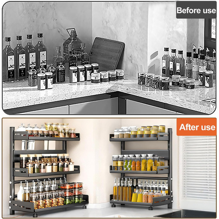 Стійка для спецій Devesanter, стояча, 3 яруси, велика місткість для зберігання, кухонна полиця, регульована по висоті металева підставка для спецій, кухонна полиця, стояча для зберігання на стільниці, чорна