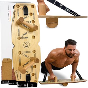 Дошка для віджимань Pro 3 Максимально ефективне тренування грудних мязів з функцією балансу та опору Деревяна дошка для віджимань Тренажер для грудних мязів III. З еспандерами та півроликом