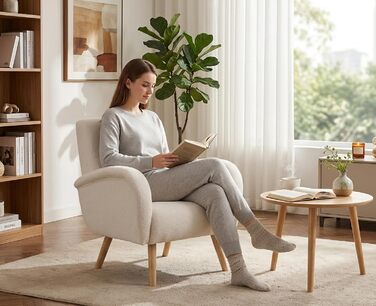 Сучасне крісло для відпочинку, м&39яке крісло з високоякісним штучним хутром та ніжками з масиву дерева, надзвичайно зручне крісло для читання для вітальні, спальні, легке складання, білий колір