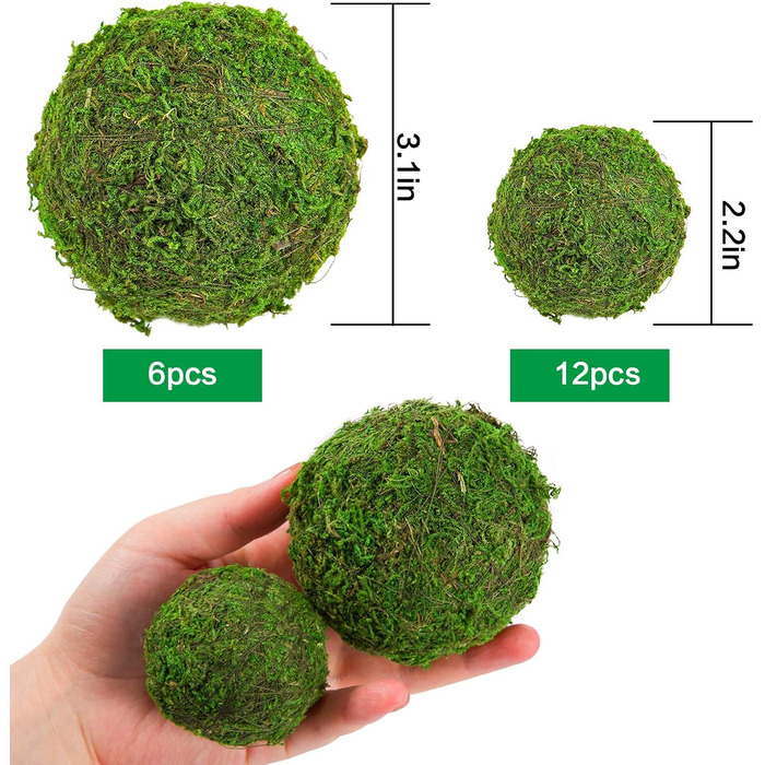 Декоративних кульок із штучного сухого моху - 6 шт. 7,9 см із штучних зелених рослин із моховими кульками 12 шт. 5,6 см кульок ручної роботи, подарунок з моху для дому, миска для тіста, ваза, 18 шт.
