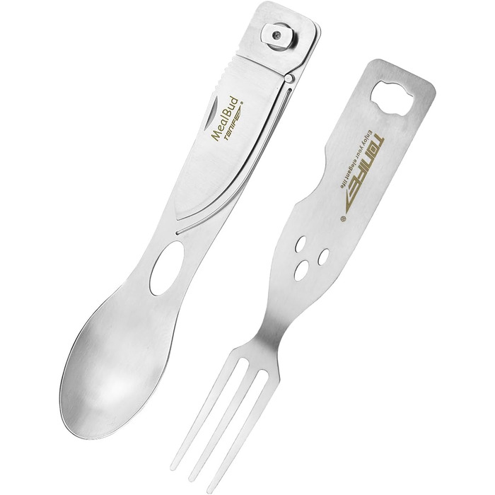 Набір столових приборів для кемпінгу TONIFE MealBud 3 в 1 включає ніж, виделку та ложку, портативні столові прибори для кемпінгу з нейлоновою сумкою для зберігання, столові прибори з нержавіючої сталі для подорожей та кемпінгу