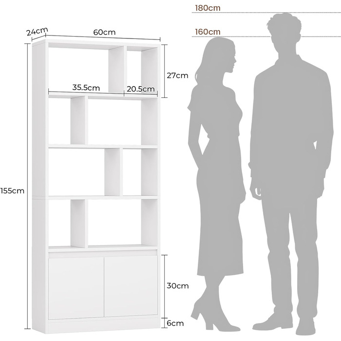 Біла дерев&39яна книжкова шафа, висока книжкова шафа з 4 полицями та відкритим місцем для зберігання, окремостояча полиця з дверцятами для вітальні, спальні, офісу, кабінету, 155x60x24 см, білий