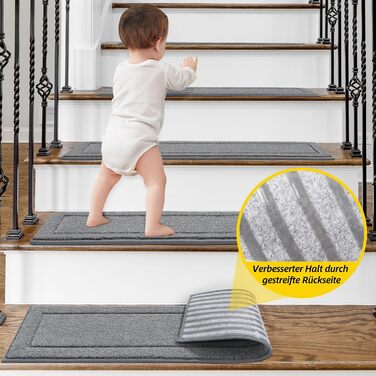 Сходинки для внутрішніх сходів JSEI, нековзні, 15 шт. , 20,3 x 76,2 см, можна прати в пральній машині, самоклейний килимок для сходів для дітей, людей похилого віку та домашніх тварин, основа 100 поліестер TPE, світло-сірий, 20,3 x 76,2 см