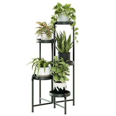 Металева підставка для квітів Bamworld, 5 ярусів, сучасна полиця для рослин для використання в приміщенні та на вулиці, міцна підставка для рослин з кількома полицями, компактний квітковий табурет для вітальні, балкона, саду, чорний - 5 шт. у упаковці