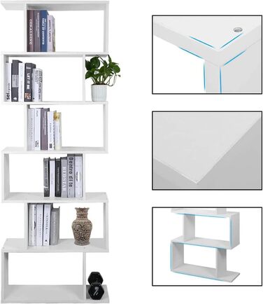 Ярусна книжкова полиця Mondeer, біла, S-подібна дерев&39яна полиця, офісна полиця з місцем для зберігання для вітальні та спальні, 70x24x190,5 см, 6-