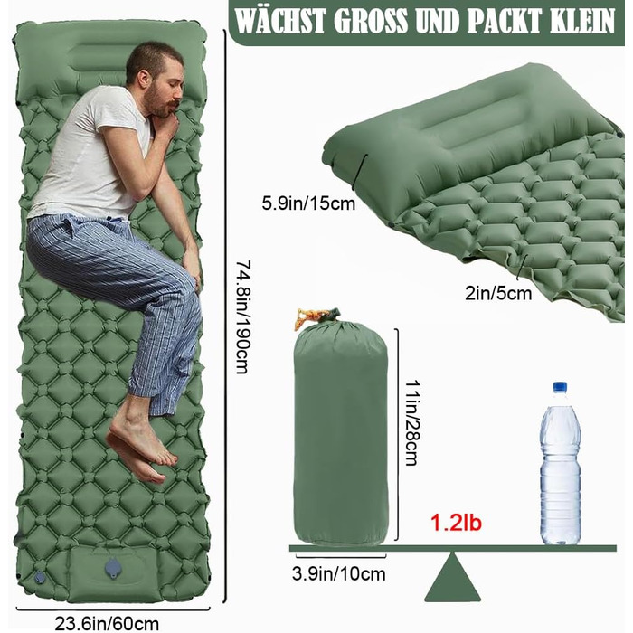 Ультралегкий килимок/надувний матрац для кемпінгу - Самонадувальний кемпінговий матрац (зелений)