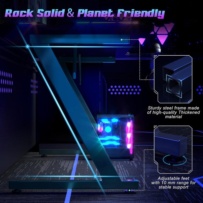 Ігровий стіл Homall зі світлодіодним підсвічуванням, ігровий стіл з RGB-підсвіткою 120 x 60 см, Z-подібна форма, великий комп&39ютерний стіл з гачком для навушників та підставкою для чашок, ігровий стіл для домашнього офісу (чорний)