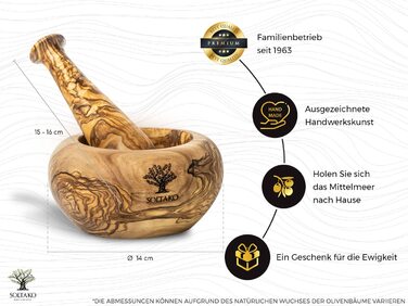 Набір розчинів і пестликів SOLTAKO з оливкового дерева - Ступка - Дерев'яна ступка - Екологічна трава, Розчин для спецій Ø Діаметр