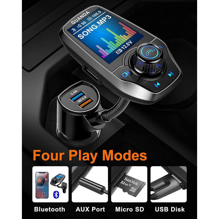 Передавач Bluetooth для автомобіля з 1,8-дюймовим кольоровим екраном Bluetooth Гучний зв'язок Автомобільний радіоадаптер Bluetooth 4 в 1 MP3-плеєр AUX 2 порти USB SD/TF карта (QC3.0 2.4A/5V сріблястий)