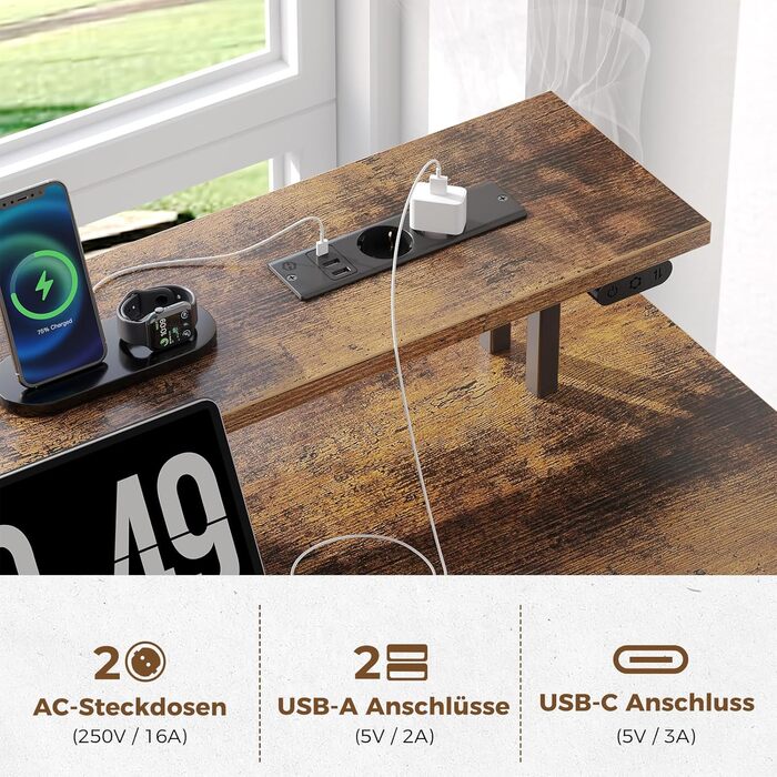 Г-подібний ігровий стіл на сім столів зі світлодіодним освітленням та розетками, кутовий стіл з 3 тканинними шухлядами та місцем для зберігання, комп&39ютерний стіл для домашнього офісу та ігор на ПК, рустикальний коричневий, 13513588 см, вінтажний коричн