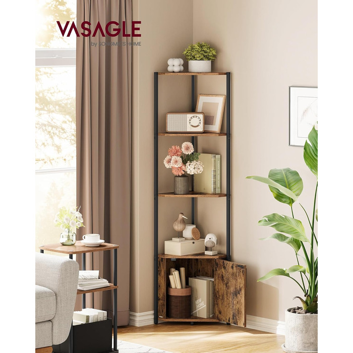 Кутова полиця VASAGLE з місцем для зберігання, окремостояча полиця, 5-ярусна полиця для зберігання, для вітальні, спальні, кухні, ванної кімнати, вінтажний коричневий-чорний LBC580K01 Вінтажний коричневий чорнильний