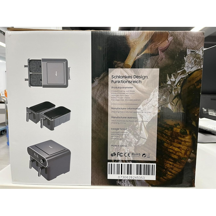 Двокамерна фритюрниця iceagle 11 л - XXL фритюрниця з 2 відділеннями Двозонна фритюрниця, 6 функцій приготування, сенсорний екран, книга рецептів, здорові страви для великої родини Подвійний кошик 11 л