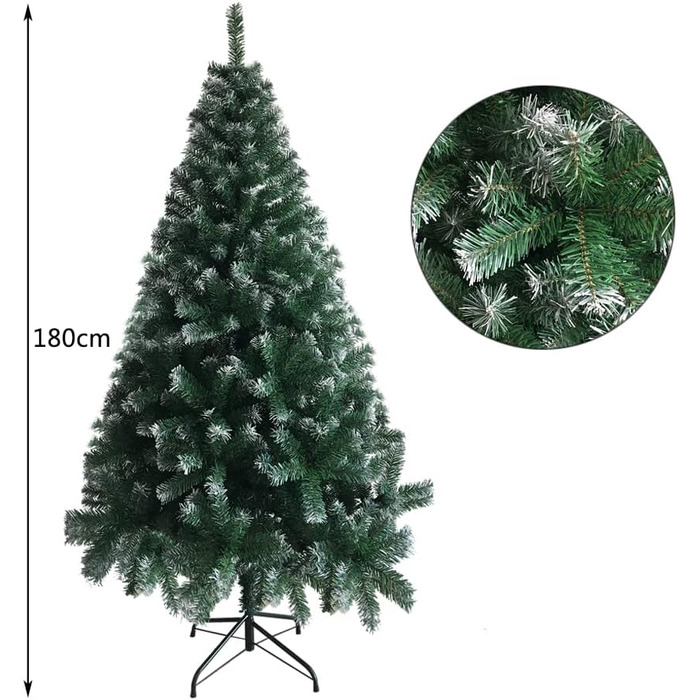 Штучна ялинка LEADZM 180 см Зелено-біла - ялинка з металевою підставкою, реалістична, густі гілки, вогнестійкий ПВХ, для дому, офісу, магазинів та готелів Зелено-біла 180 см 1050 гілок