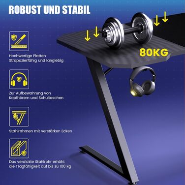 Ігровий стіл GTPLAYER, Ігровий стіл 120 x 60, ПК, ігровий стіл з розеткою, міцний комп&39ютерний стіл з гачком для навушників та штекером